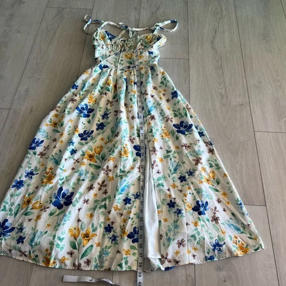 Lulus Happy Summer White Floral Print Double Tie-Back Midi Dress size xs
